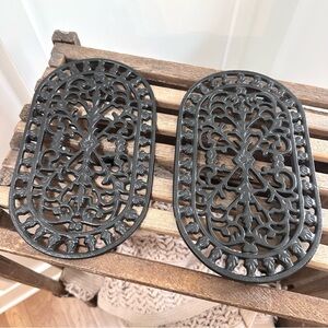 2 Vintage Decorative Black Cast Iron Trivets Large Footed Oval Perforated